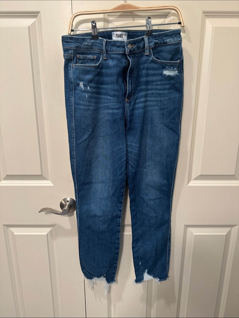 PAIGE Mid Blue Cropped Distressed Ankle Jeans